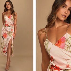 Remarkable Entrance Pink Floral Print Satin Midi Dress Size Medium